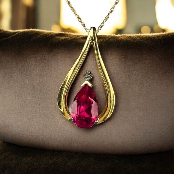 VINTAGE- 10k Gold-Ruby Diamond Necklace-18"-Pear Cut-Romantic Ruby Necklace-1.6g - Picture 11 of 16